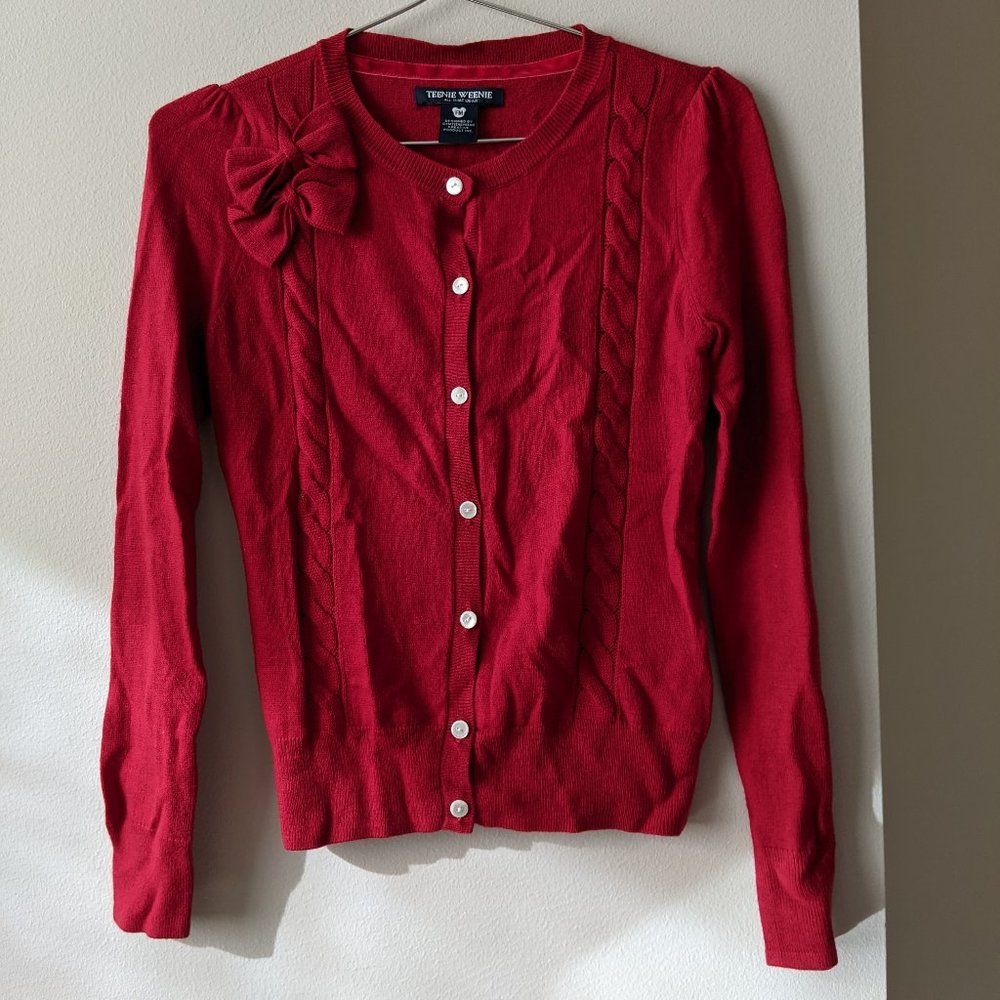 NEW! Teenie Weenie Cardigan Sweater Size Small Red Bows; Wool cashmere blend